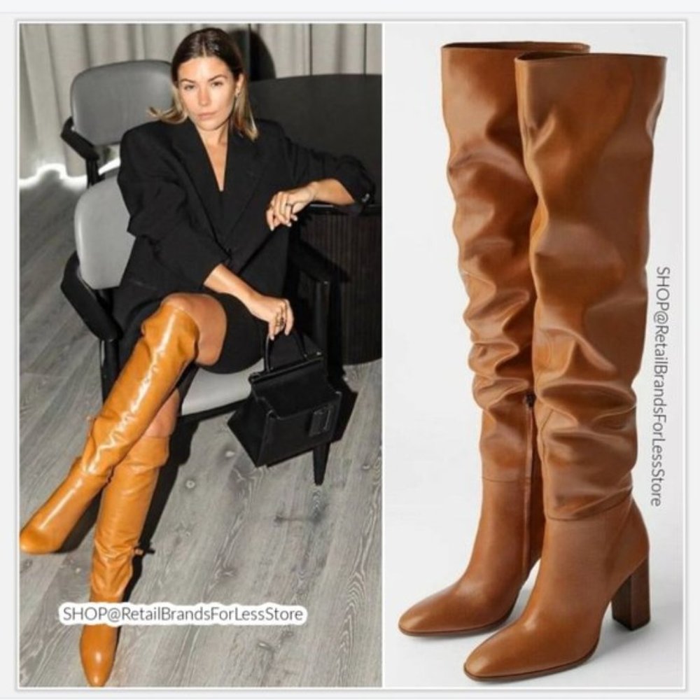 ZARA 100% LEATHER COGNAC EXTRA LONG OVER THE KNEE HEELED BOOTS